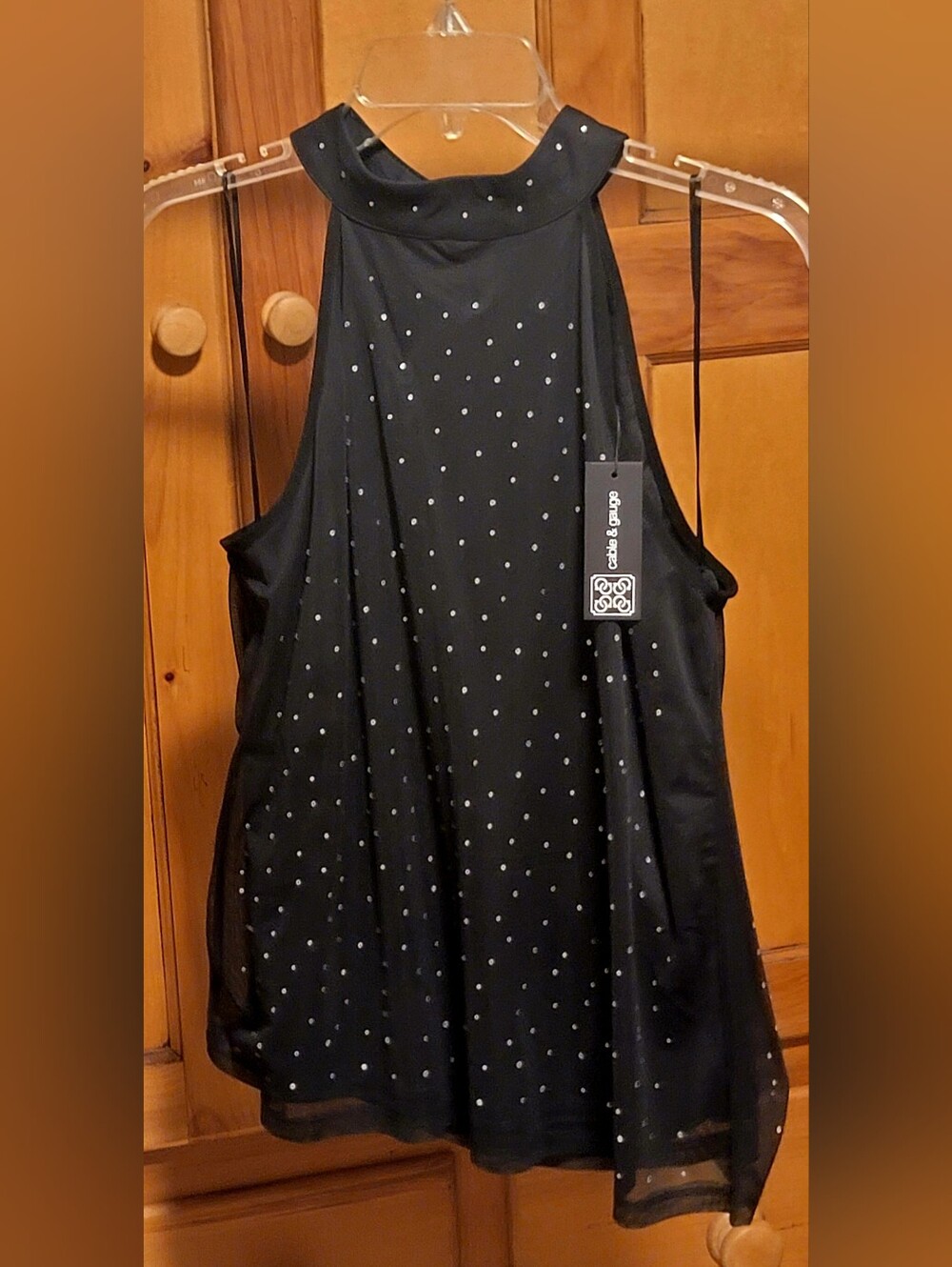 Cable & Gauge Black High-Neck Polka Dot Gem Tank